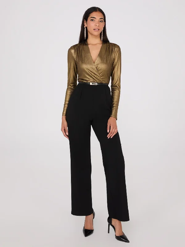 Foil Crossover Wide-Leg Jumpsuit